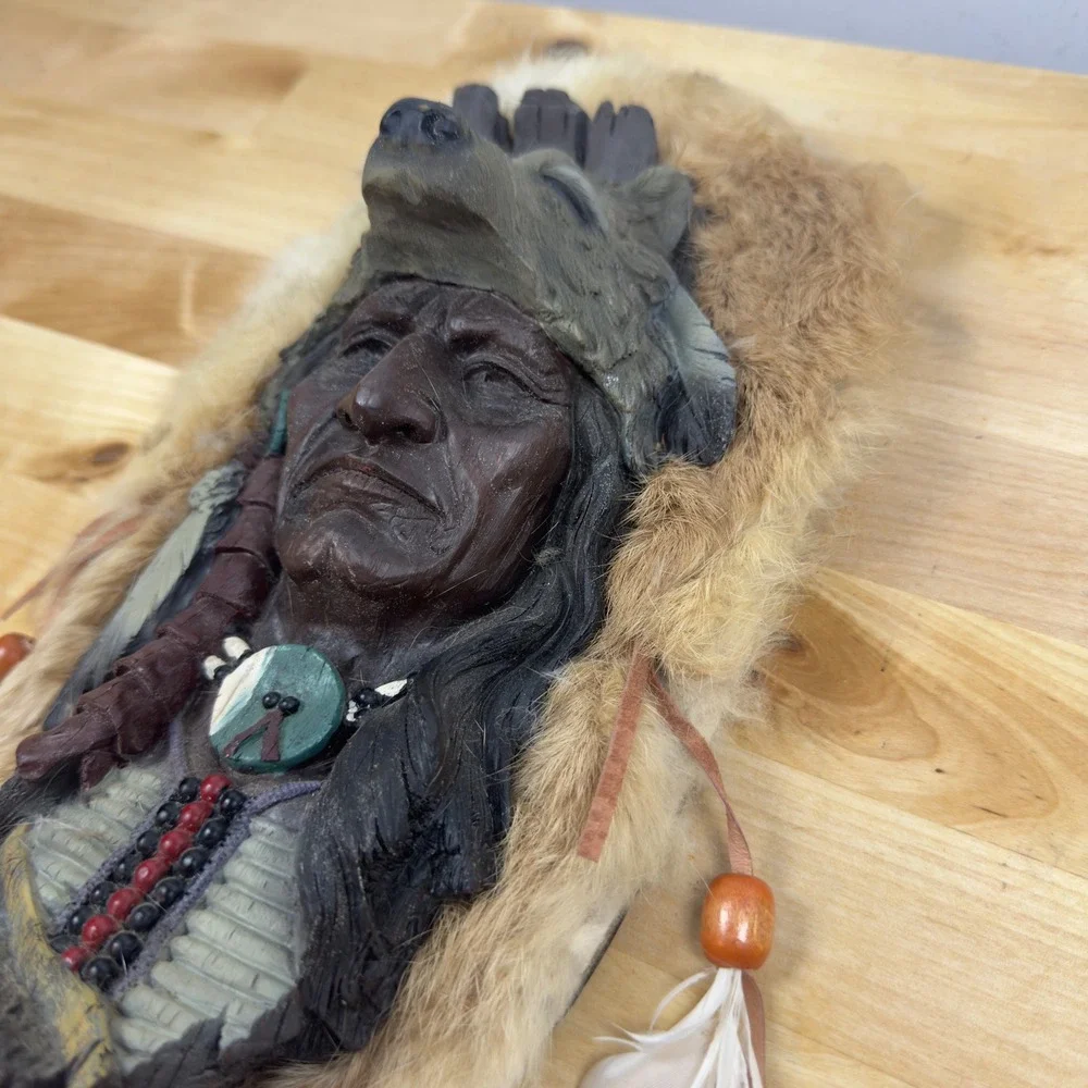 Native American Elder Wolf Headdress Wall Plaque Faux Fur Feather Decor 12in